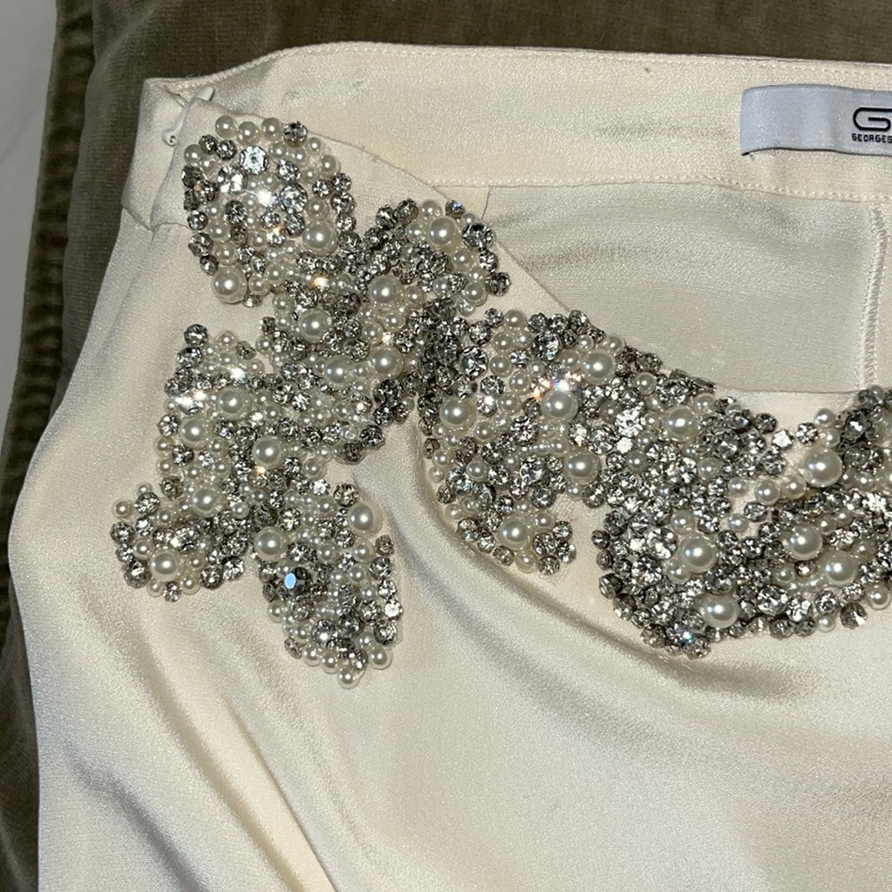 GEORGES HOBEIKA white embellished rhinestones, and pearls white pants